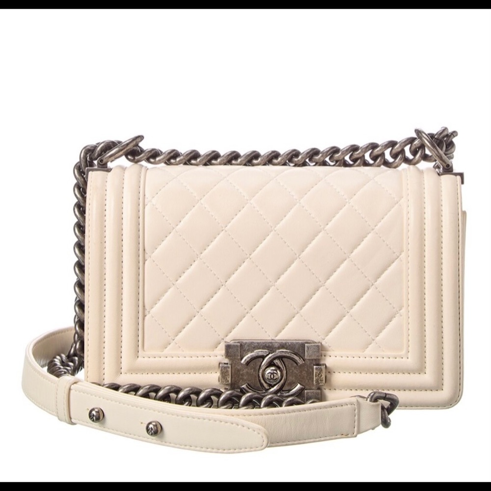 White lambskin leather small boy bag , classic bag